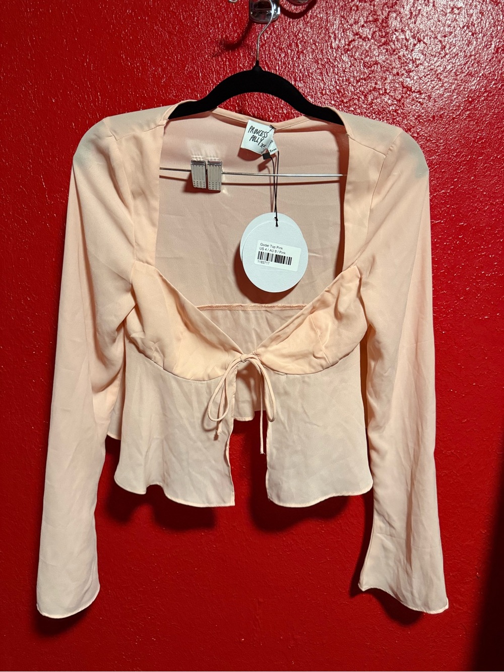 132. NWT Princess Polly Peach Tie-Front Long Sleeve Blouse